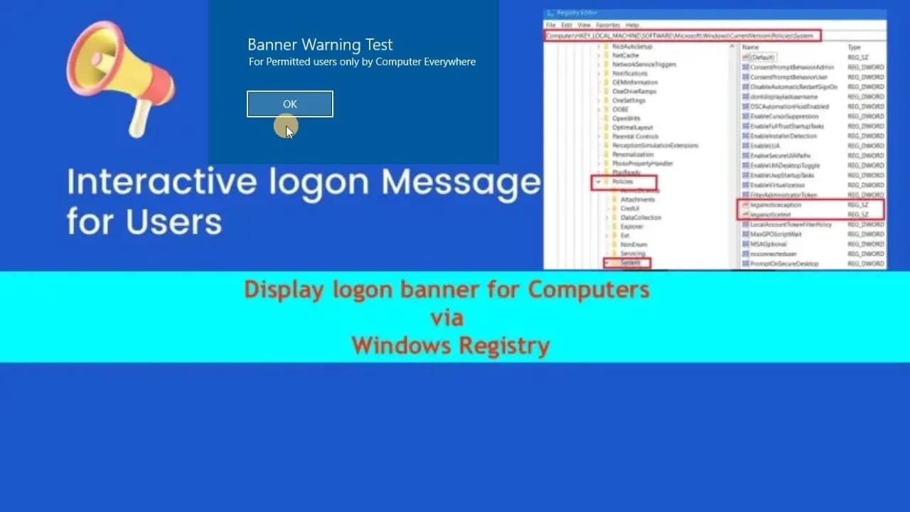 Display logon banners for Windows PCs via Windows Registry