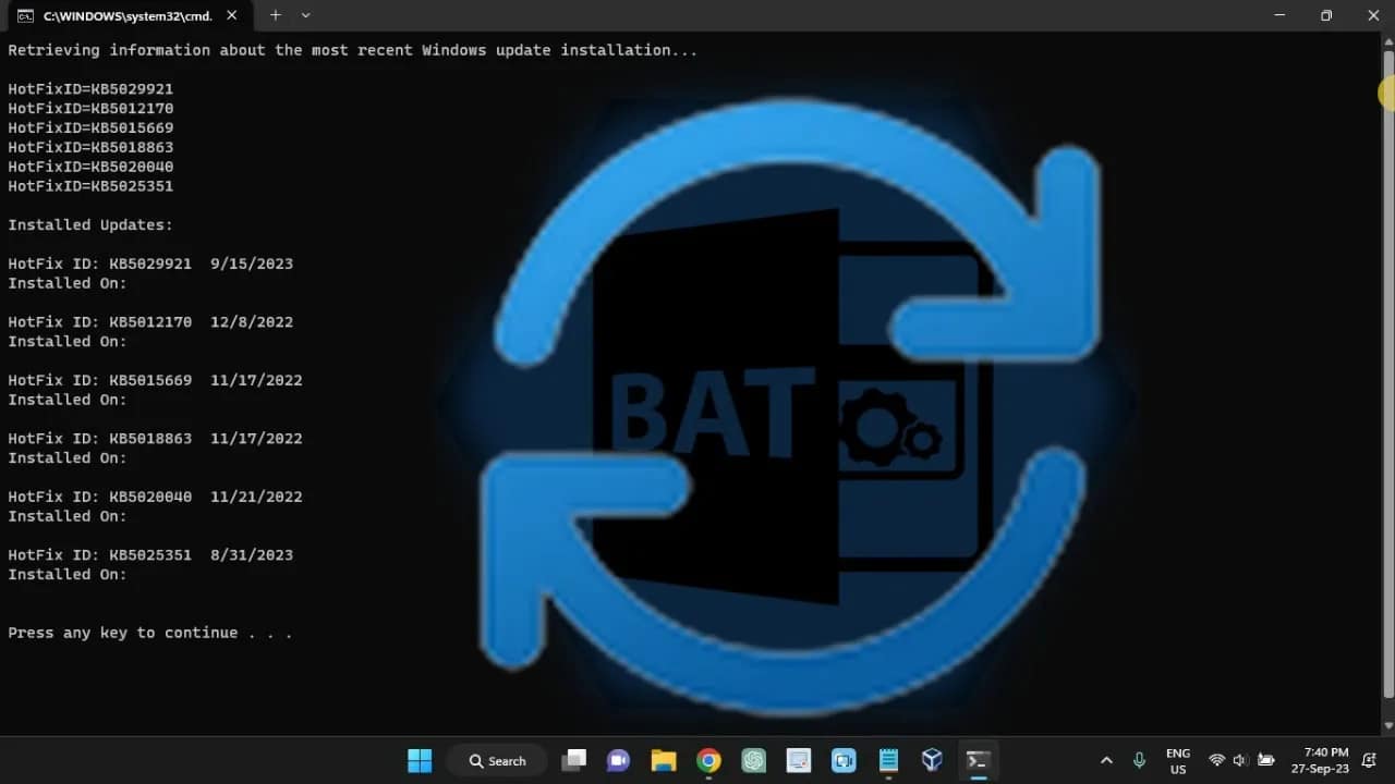 How to create batch script file to Retrieve Recent Windows Update on Windows 11