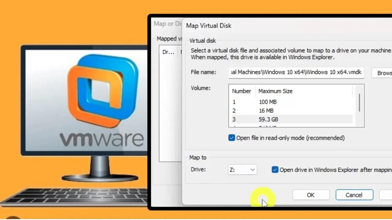 Map and disconnect Virtual Disk in VMware Workstation